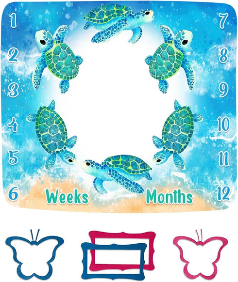 Turtle Milestone Blanket Blue Sea Life Baby Blanket Beach Newborn Gift with Week Months Swaddling Bag 48x40in BTLSFH127...